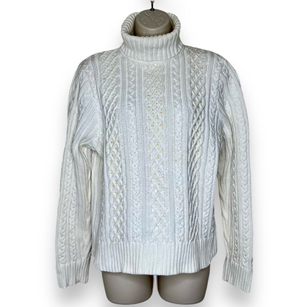 Vintage Wainscott Turtleneck Cable Knit Cream Sweater Pearls Sequins Women XL